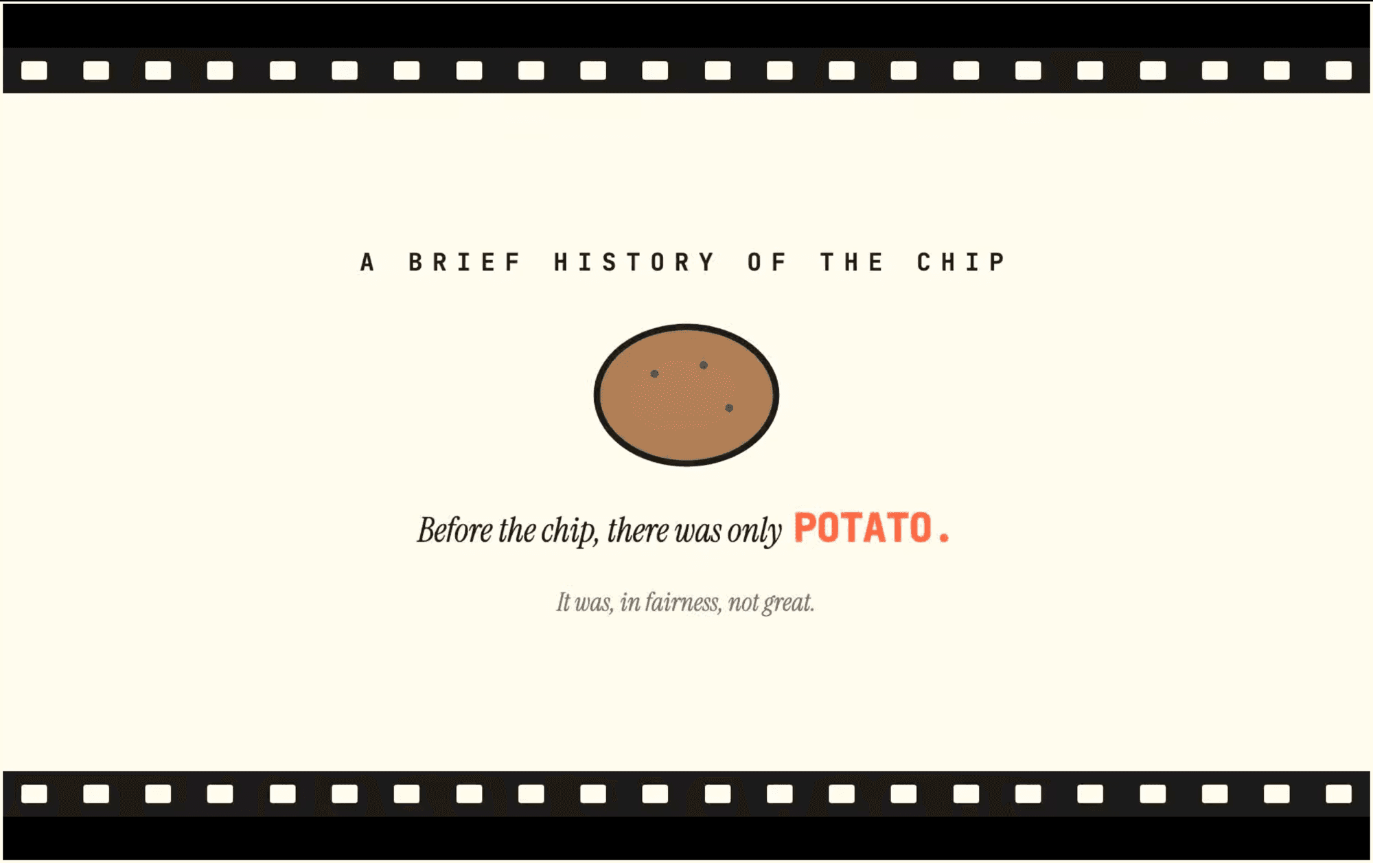 Frame from "A Brief History of the Chip" — a papercut potato origin story