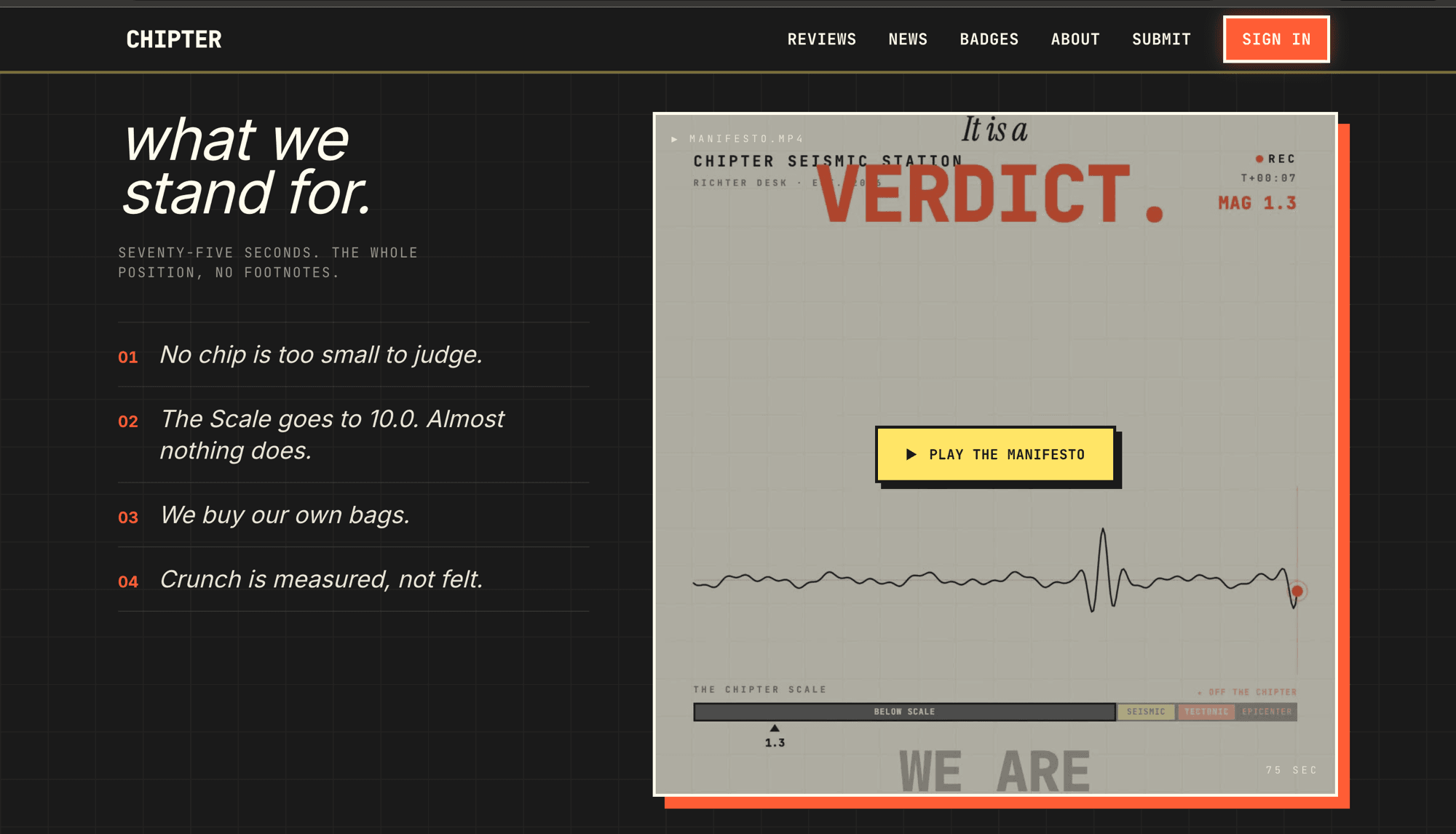The Chipter homepage manifesto section — a seismic-station video player rendered by the pipeline